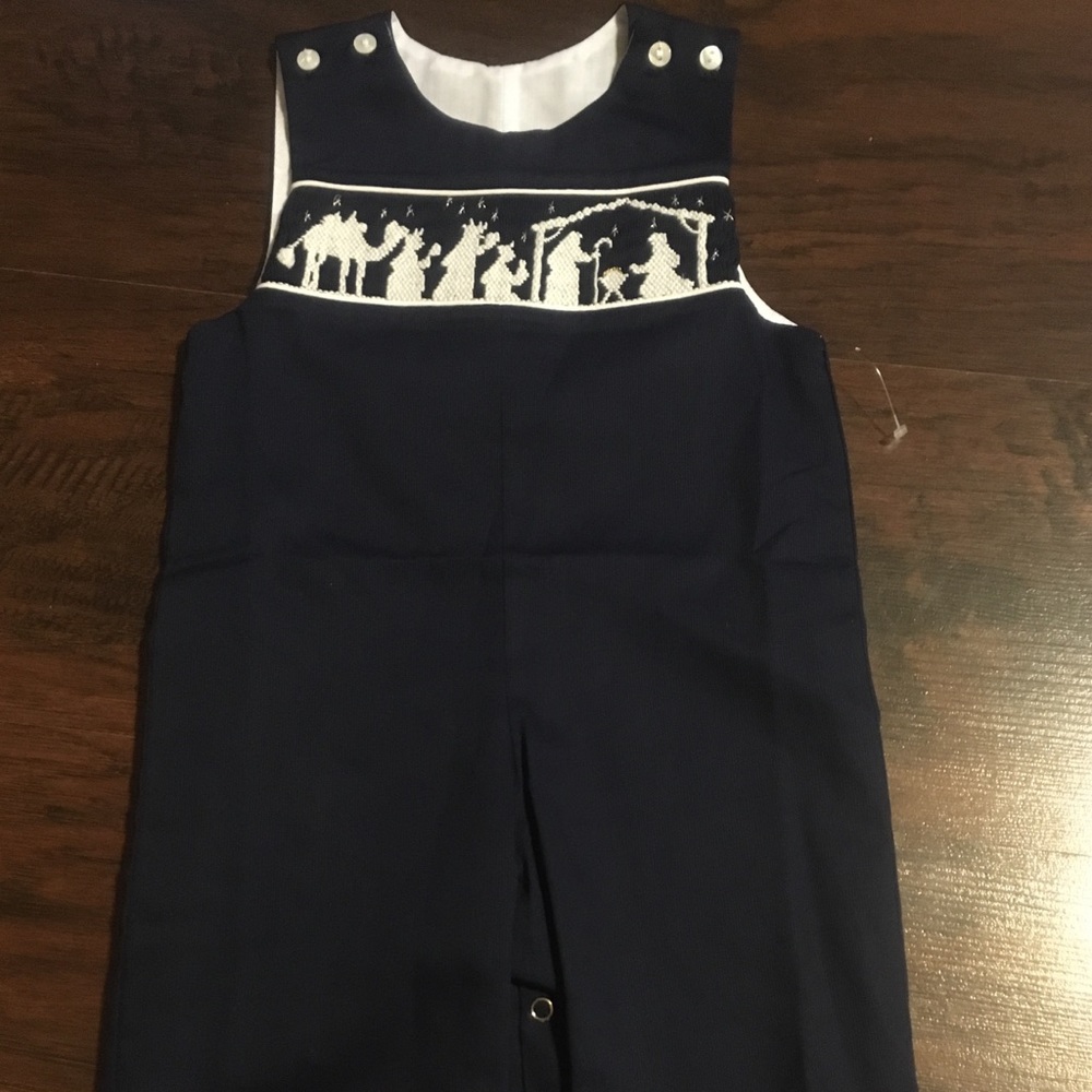 Smocked nativity scene NWOT navy blue overalls